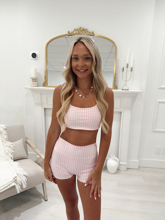 Pink Gingham Mid-Rise Shorts