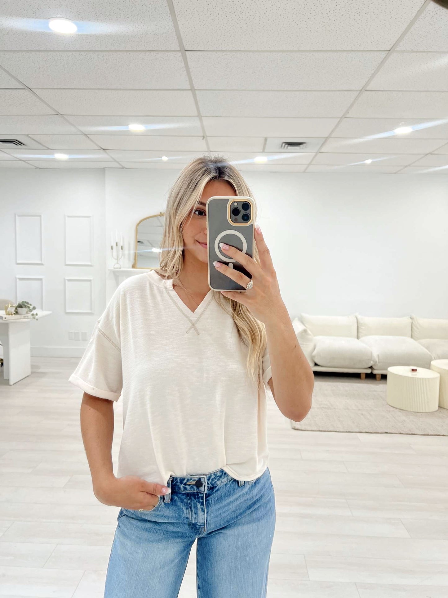 Cream Cuff Sleeve Knit Top