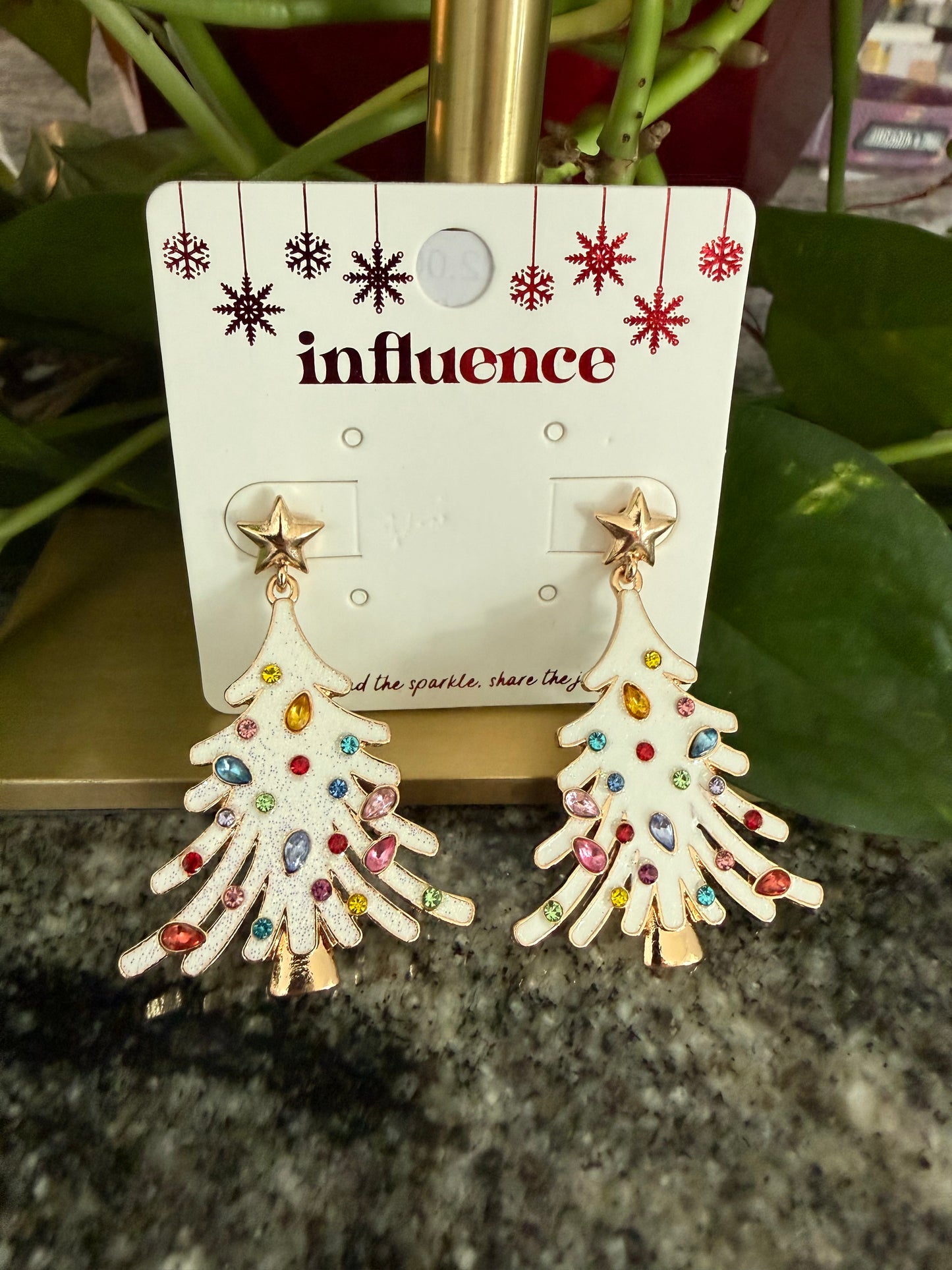 White Enamel Christmas Tree with Rhinestones Earring