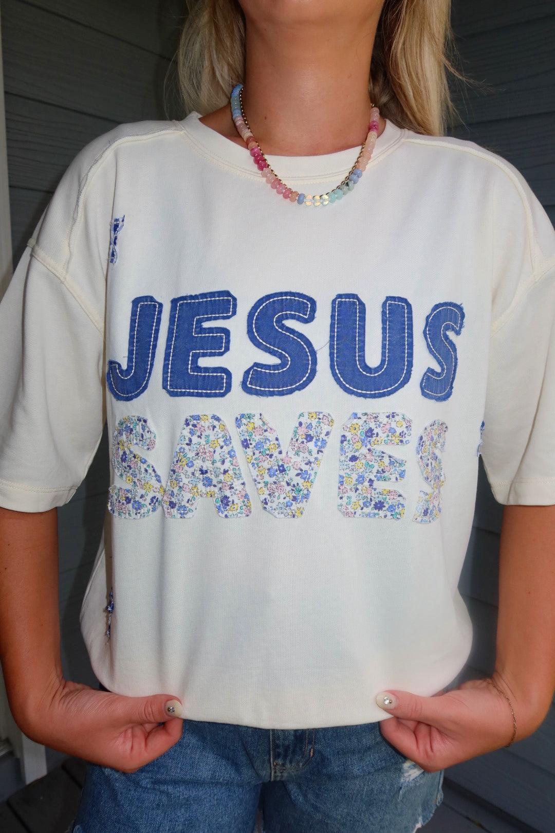 Jesus Saves Oversized Tee - Oatmeal with Blue