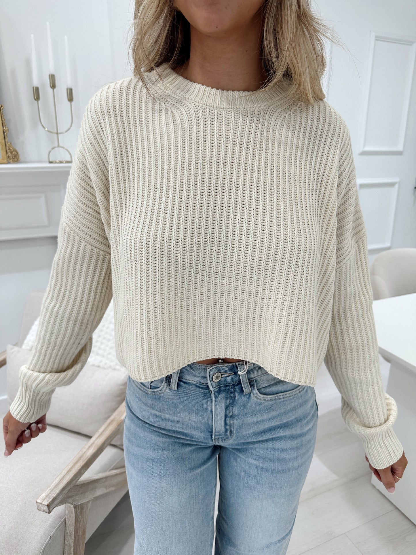 Cream Cropped Knit Crew Neck Sweater