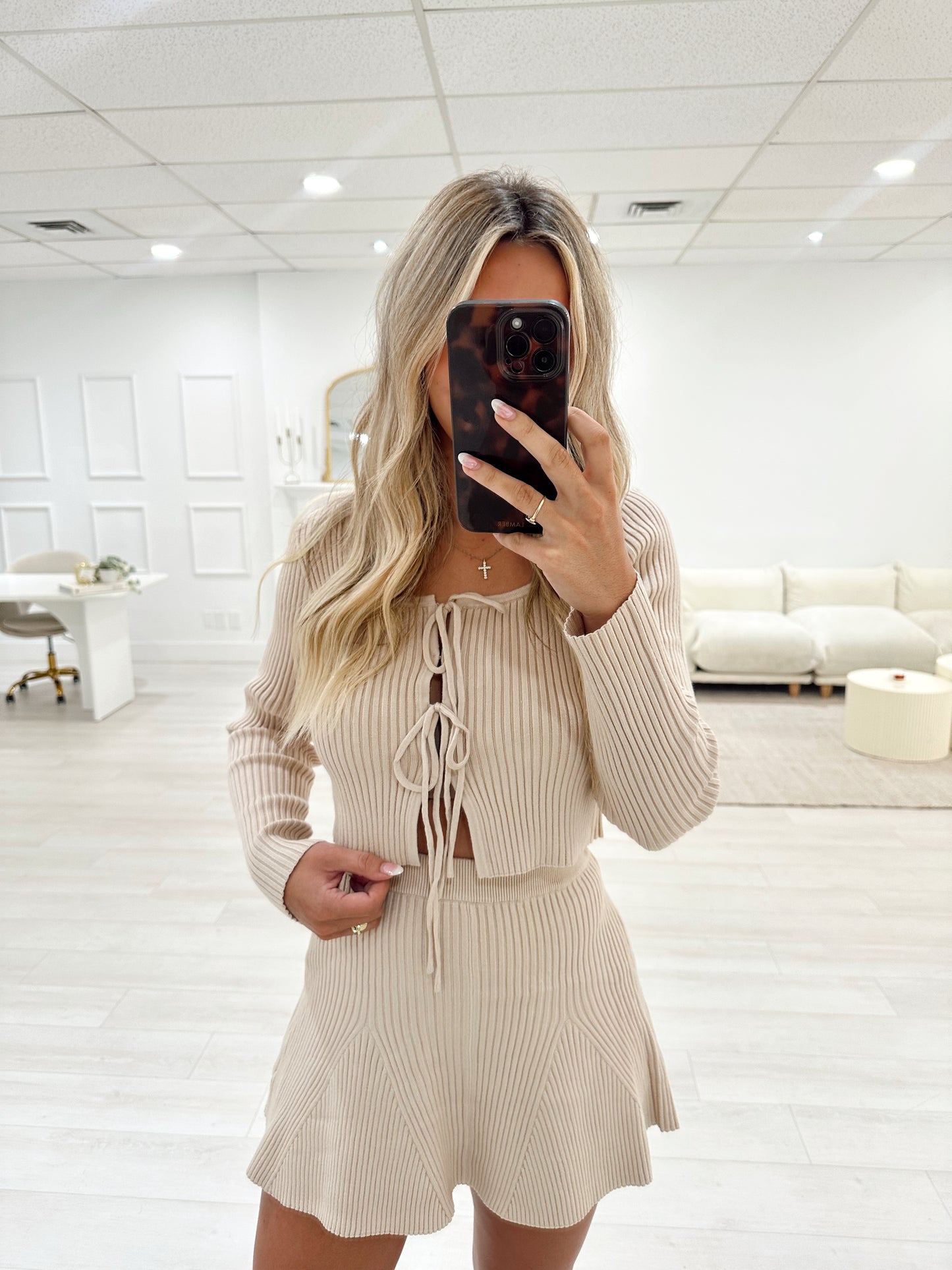 Taupe Knit Cardigan & Skirt Set
