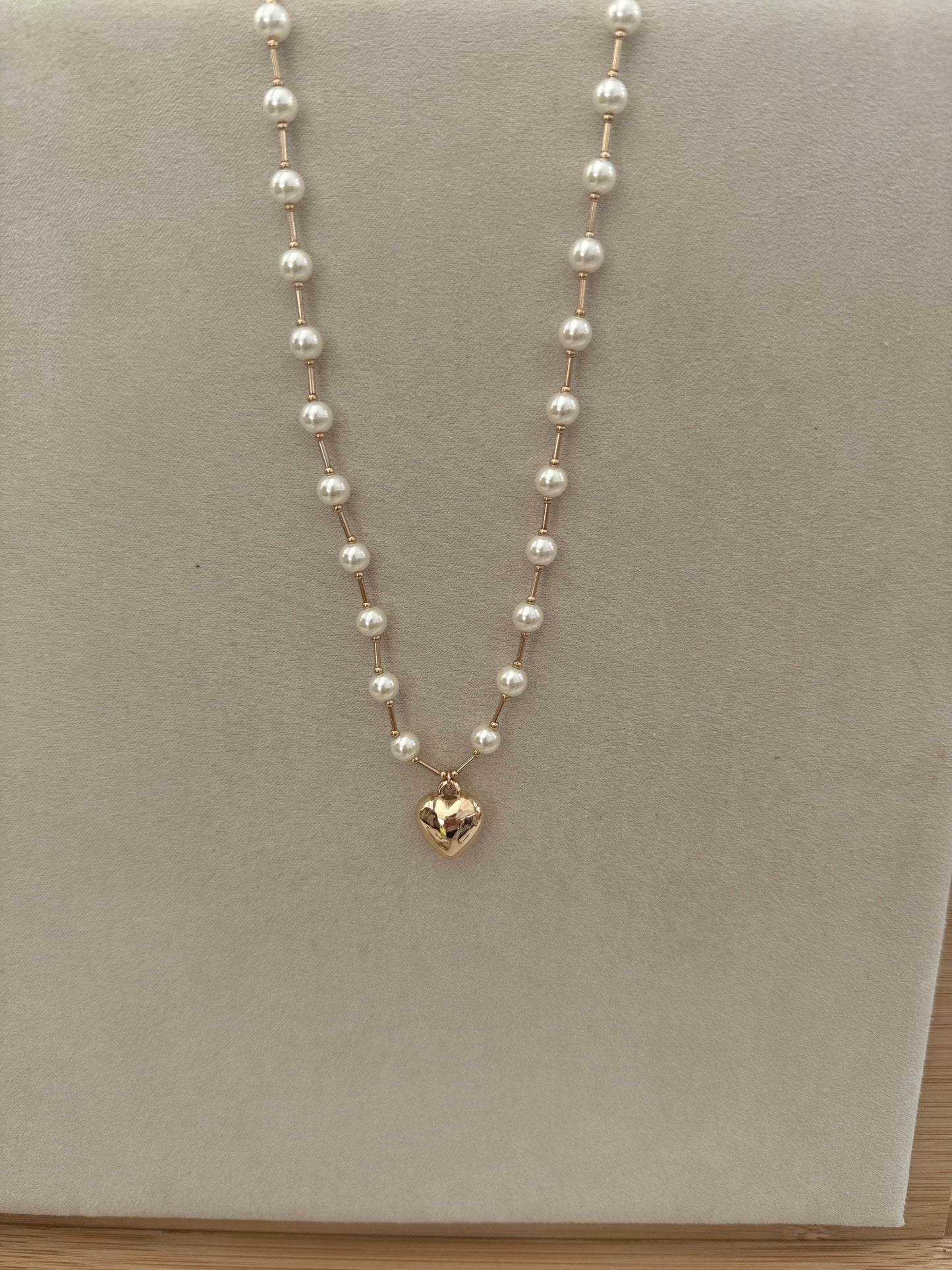 6MM Pearl Beaded Chain with Puffy Heart Necklace