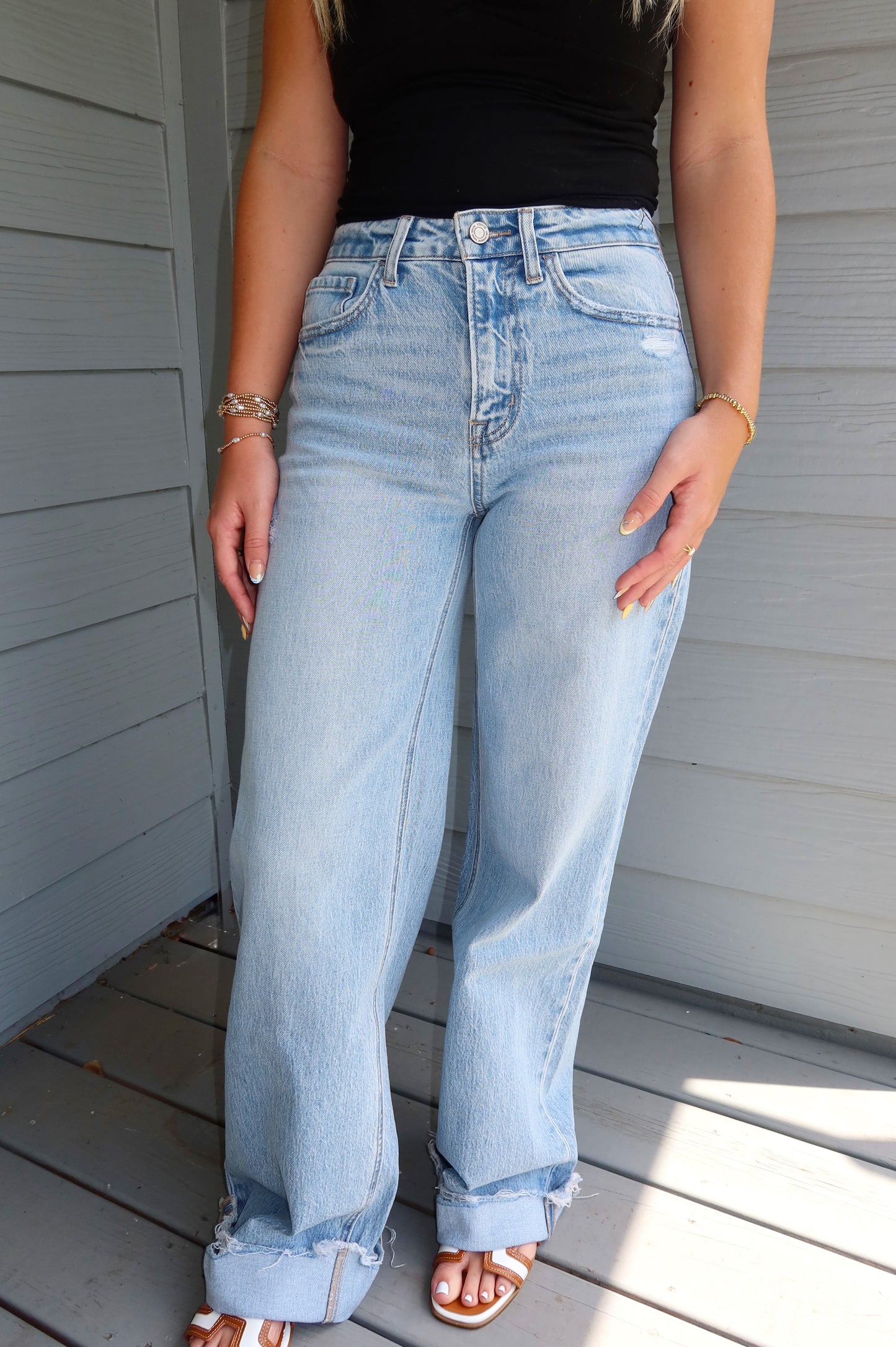 High Rise Cuffed Wide Leg Denim