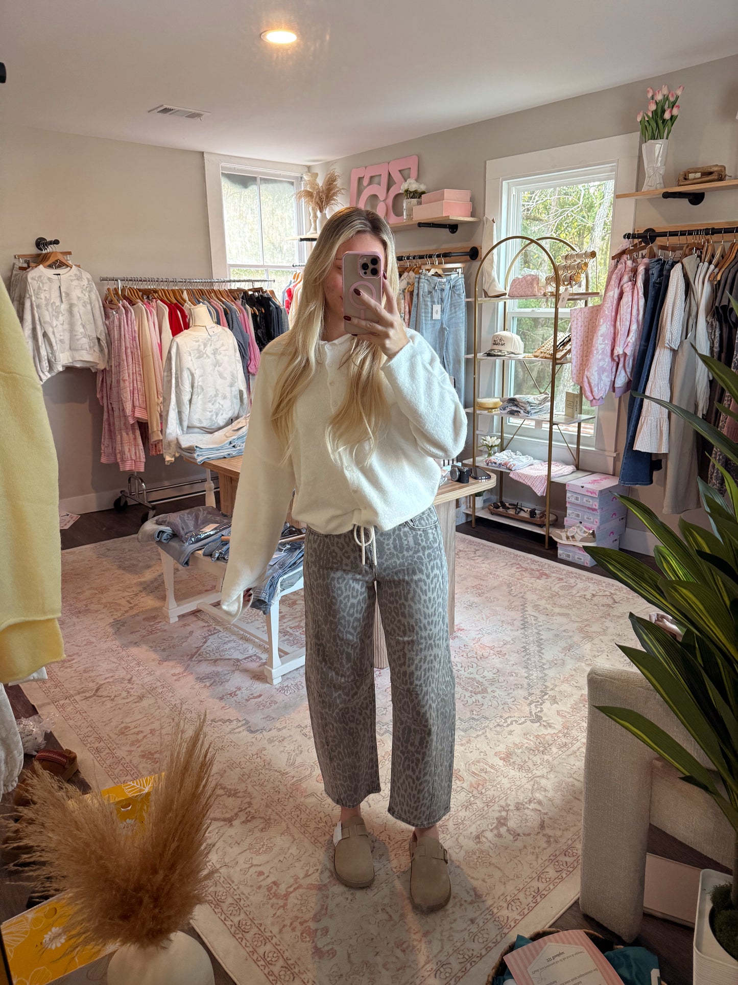 High Rise Leopard Barrel Jeans