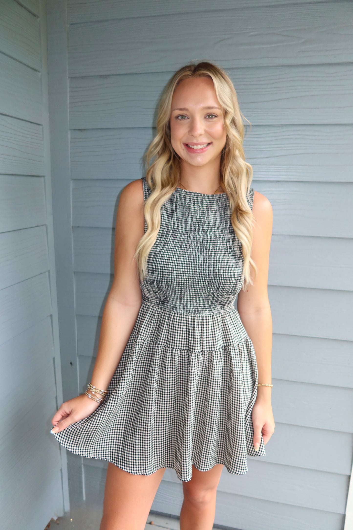 Black Gingham Smocked Dress