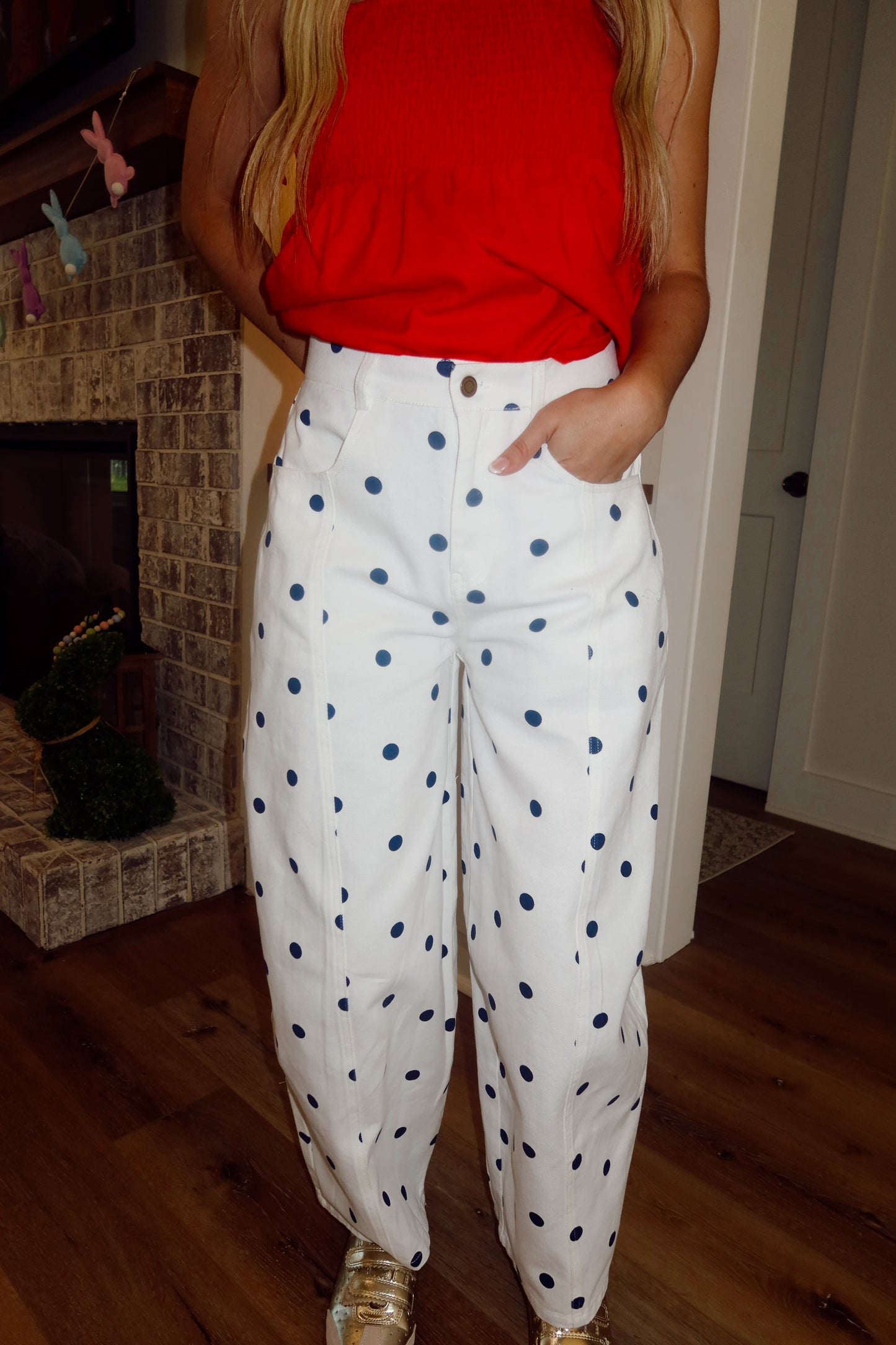 Blue Polka Dot Barrel Jeans