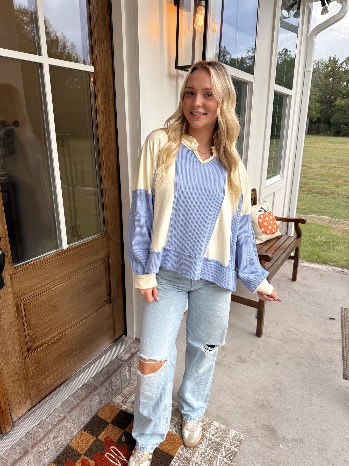 Cream/Blue Notched Neck Long Sleeve Top