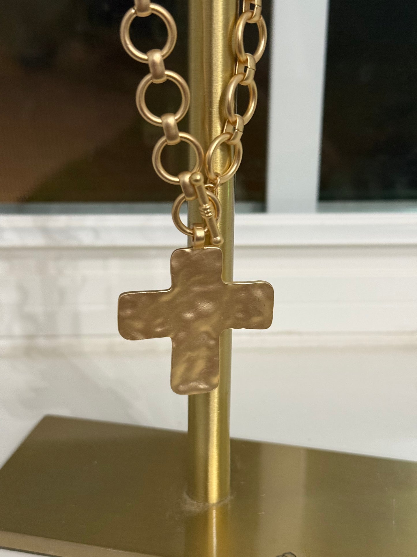 Gold Open Chain with Textured Cross