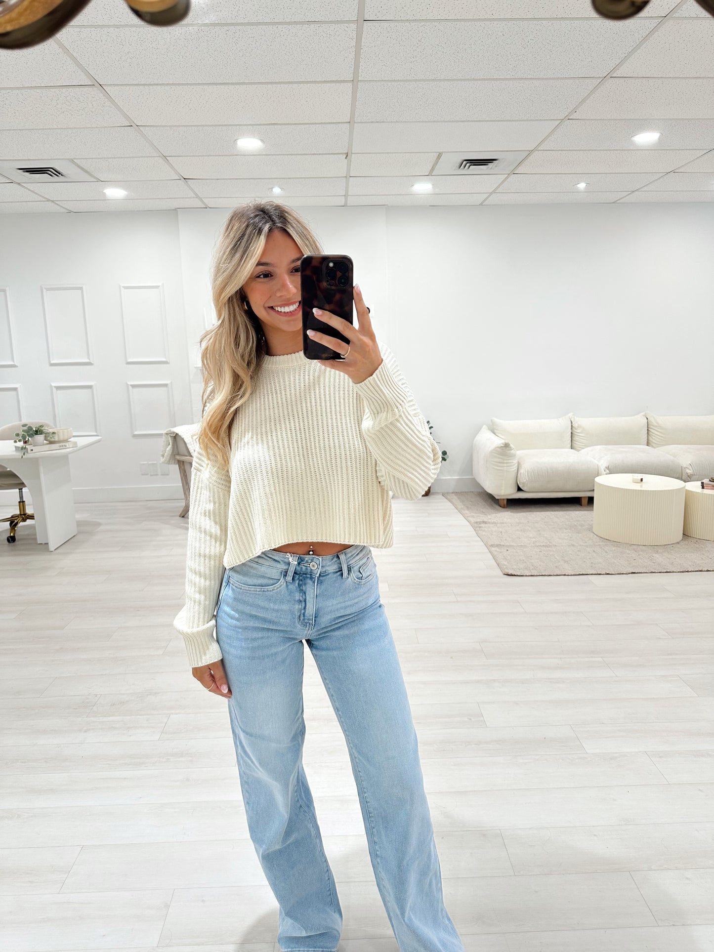 Cream Cropped Knit Crew Neck Sweater
