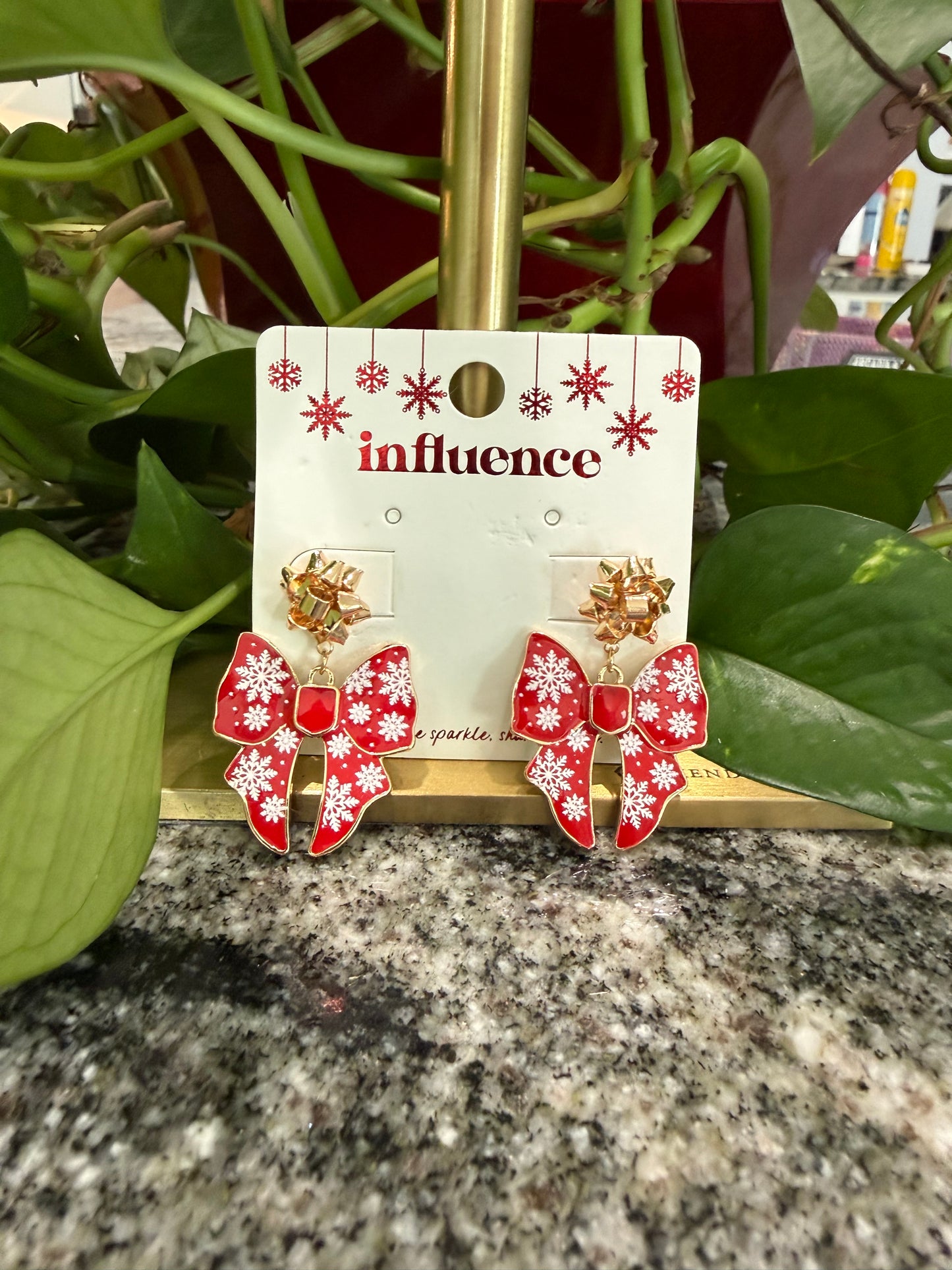 Gold Bow Stud with Red and White Bow Earring