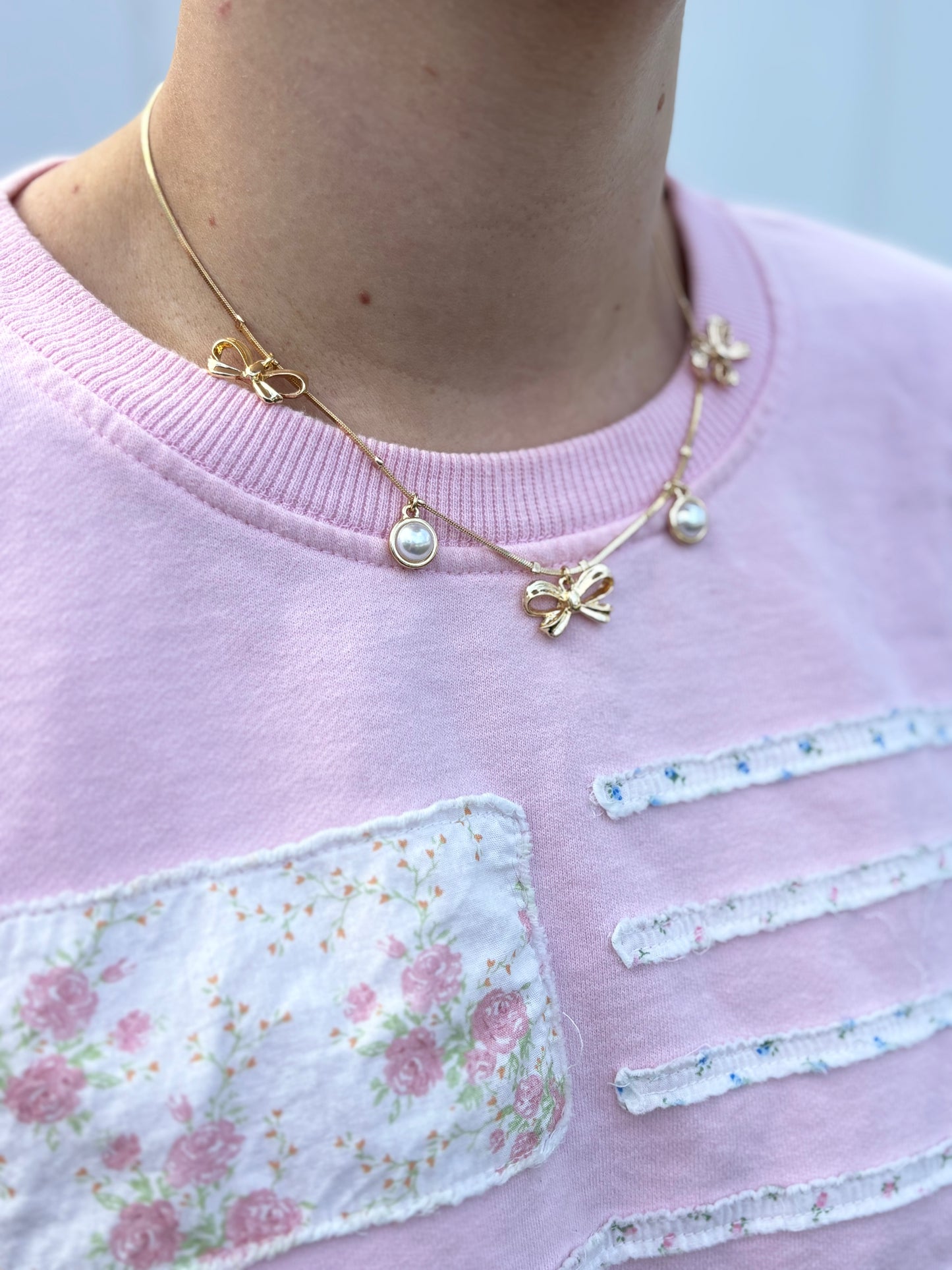 Gold Chain with Pearl & Bow Charms