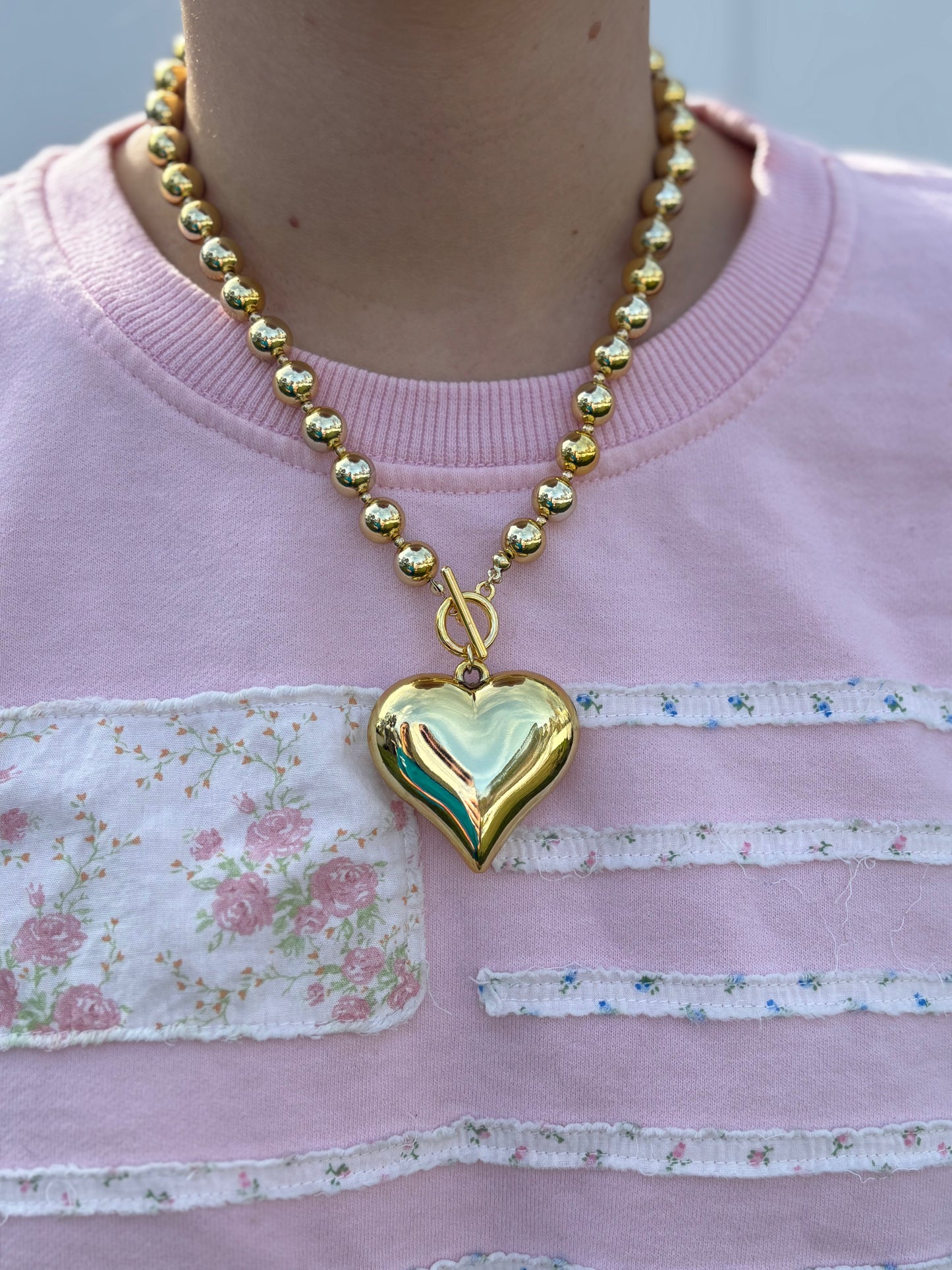 Gold 8mm Beaded with Large Heart Necklace