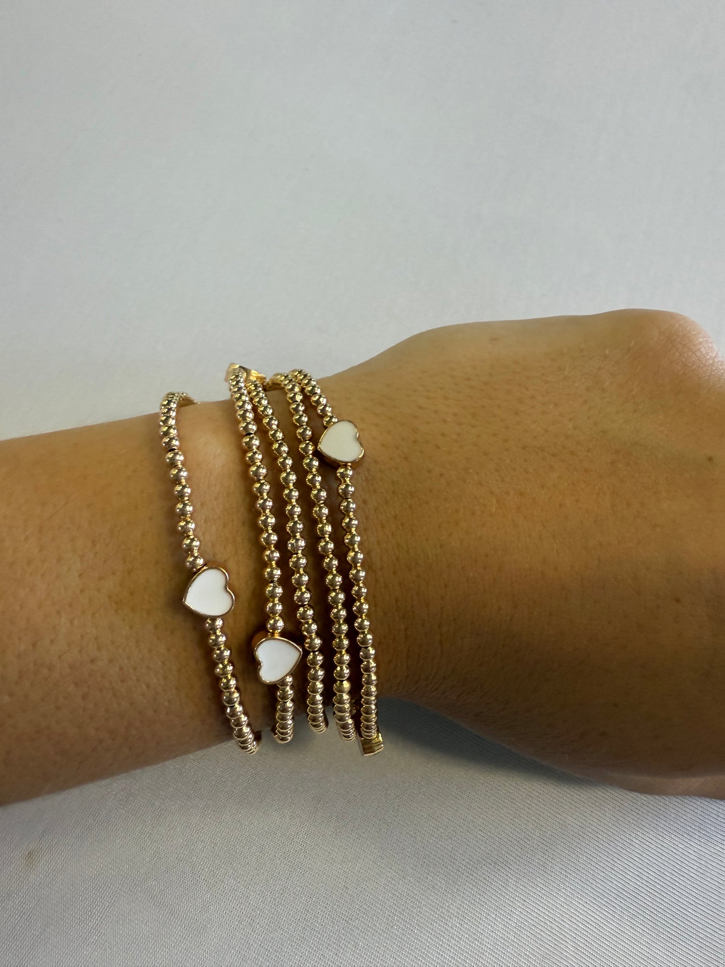 Set of 5 White Heart & Gold Beaded Stretch Bracelets