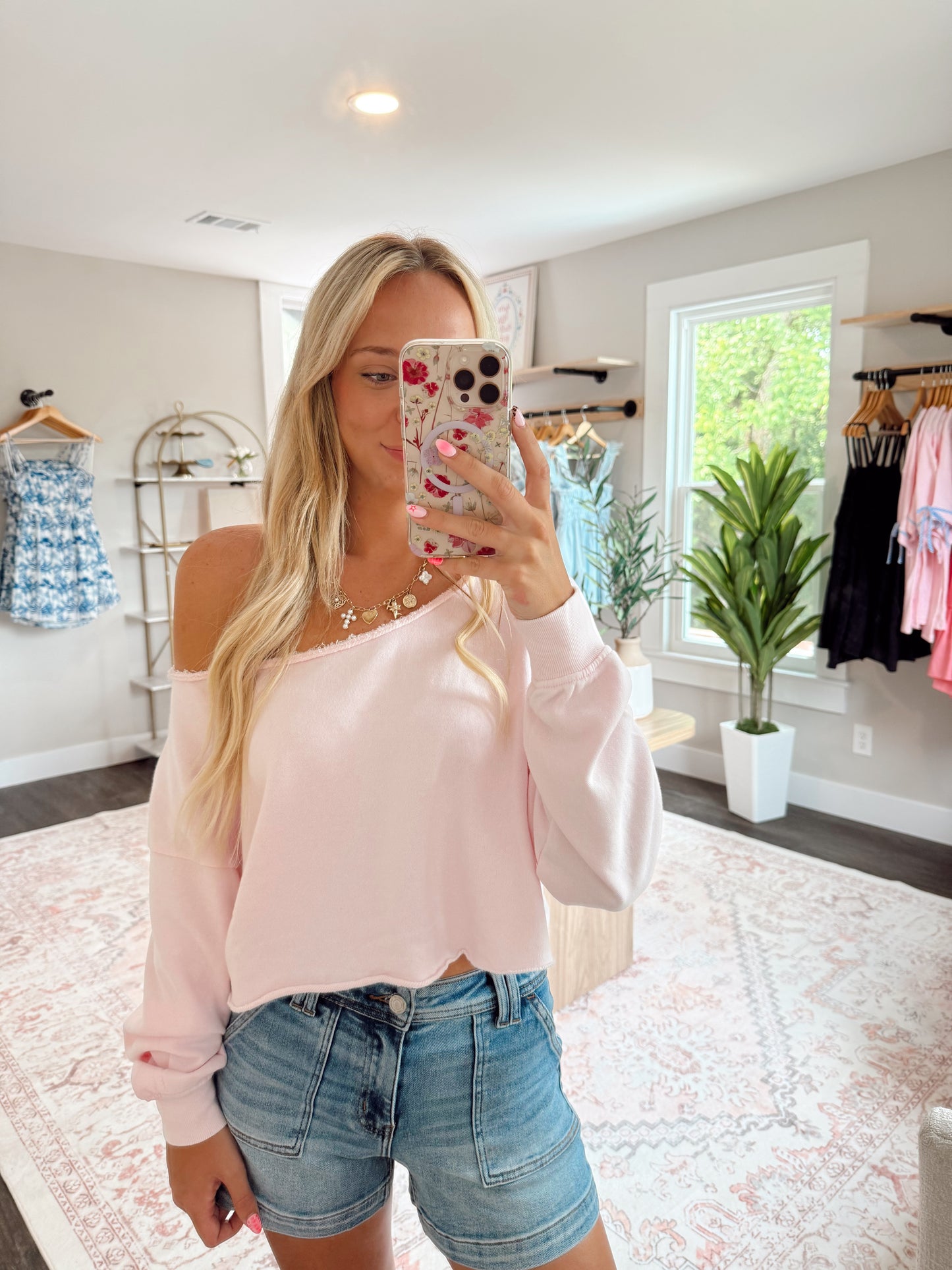 Soft Pink Off the Shoulder Pullover