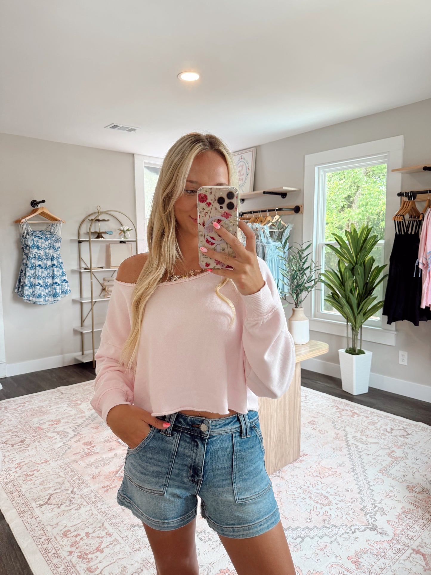 Soft Pink Off the Shoulder Pullover