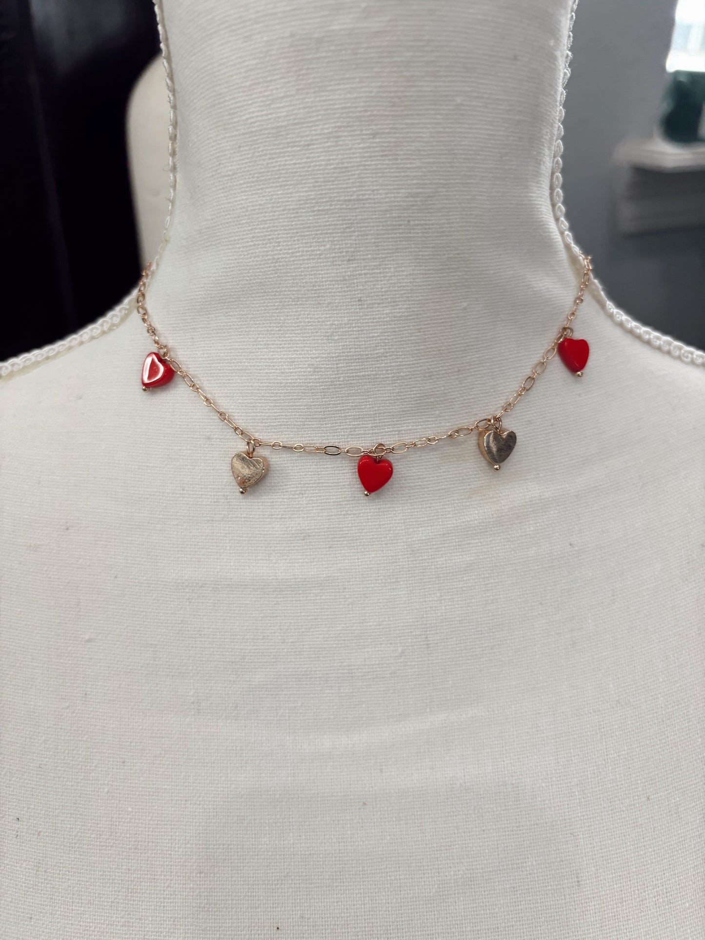 Water Resistant Red & Gold Heart Charm Necklace