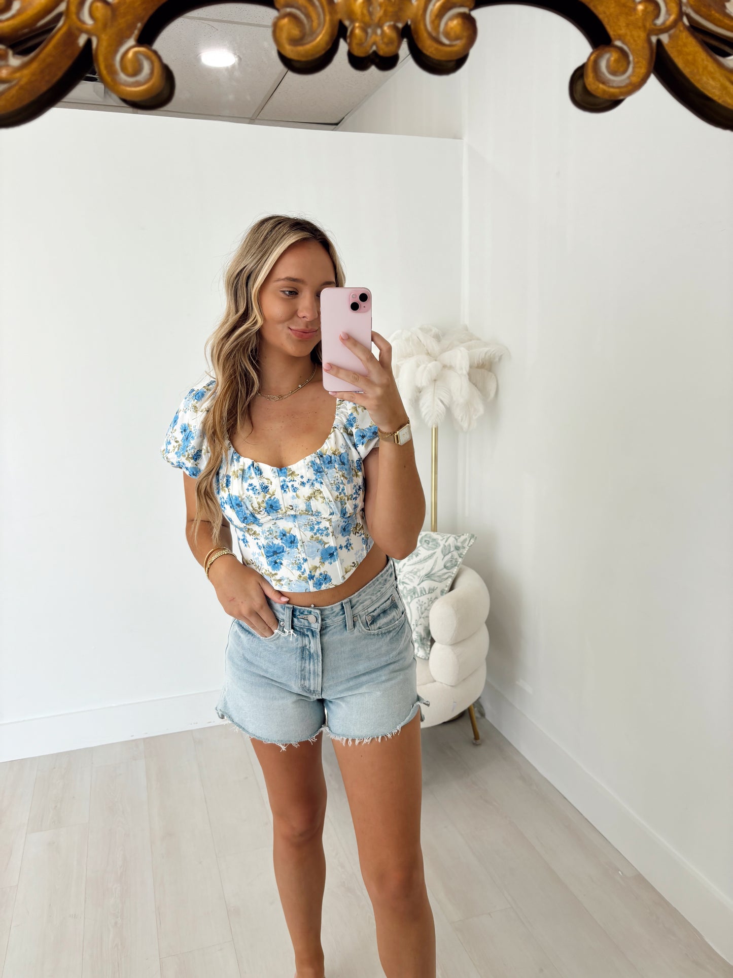 Blue Floral Corset Waist Crop Top