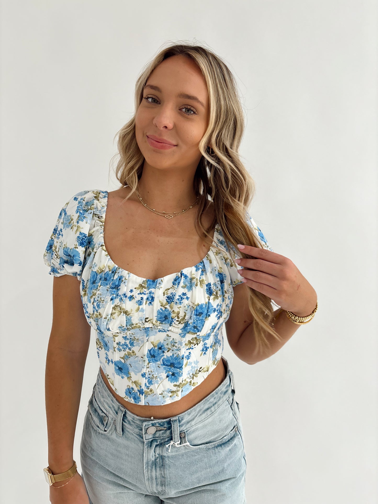 Blue Floral Corset Waist Crop Top