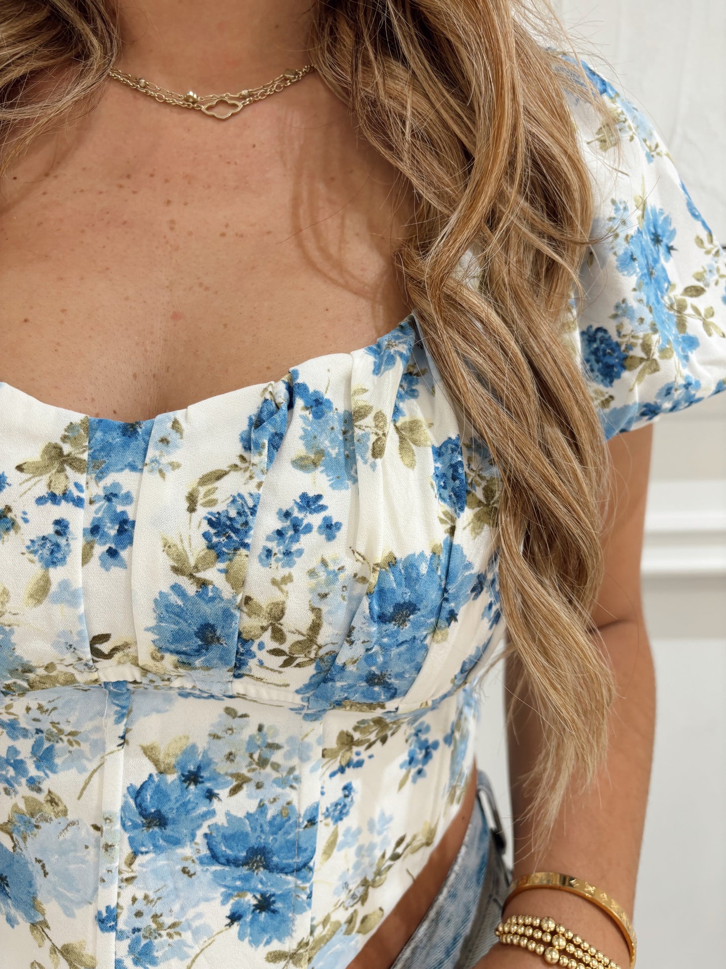 Blue Floral Corset Waist Crop Top