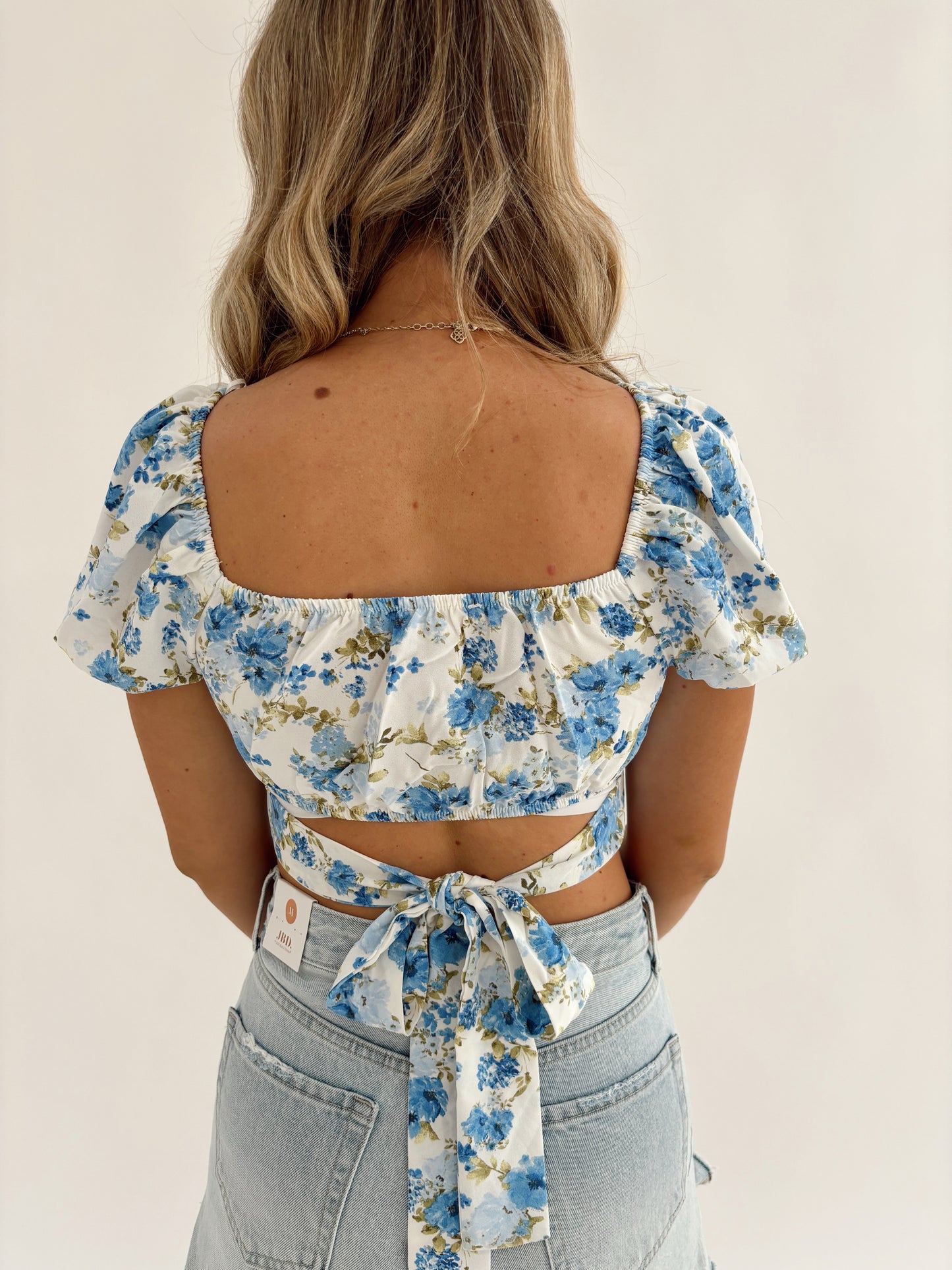 Blue Floral Corset Waist Crop Top