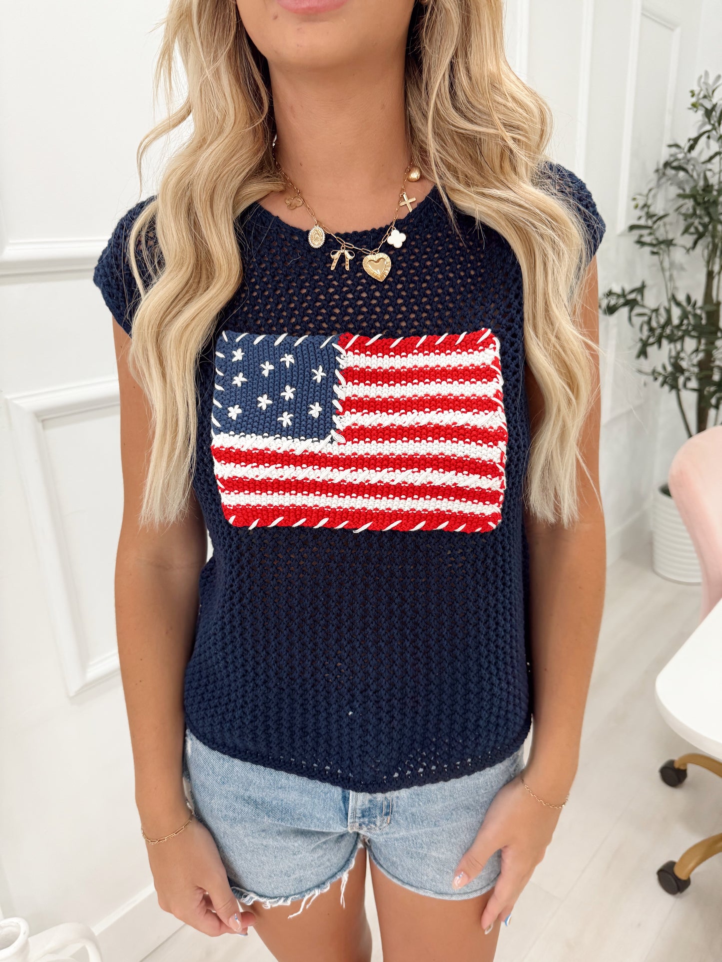 Navy American Flag Knit Top