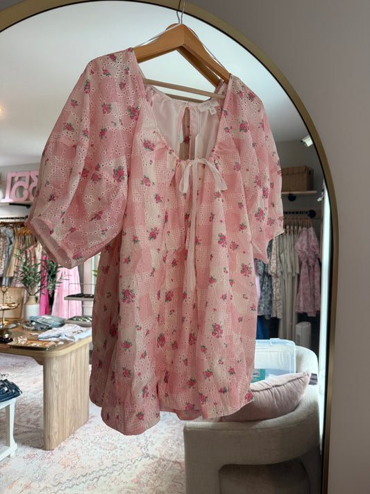 Floral Gingham Print Eyelet Romper Dress