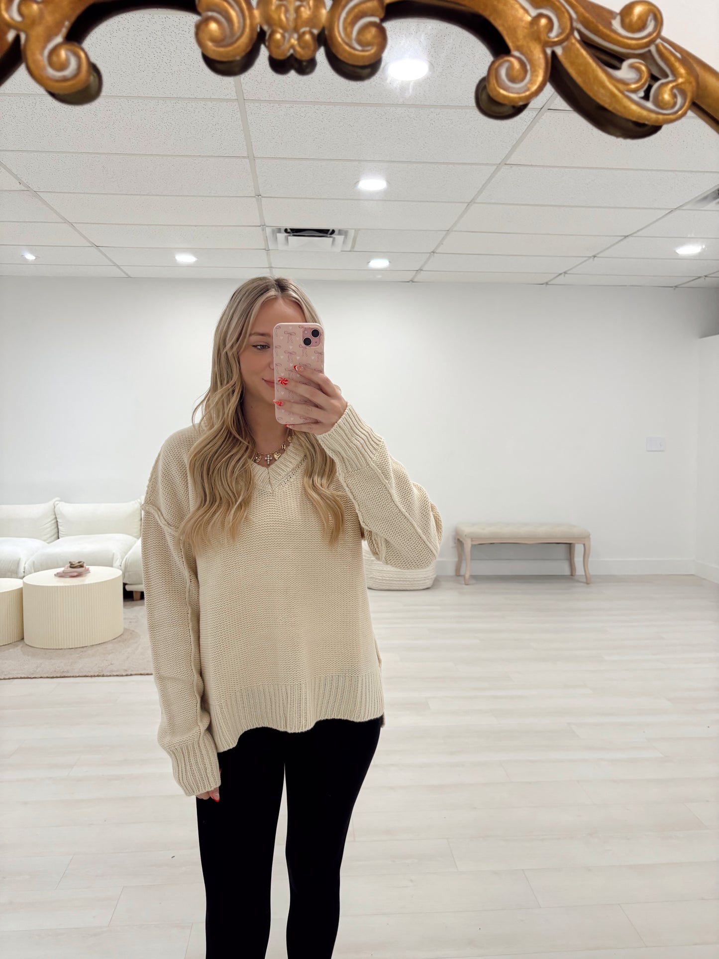 Cream V-neck Knit Sweater