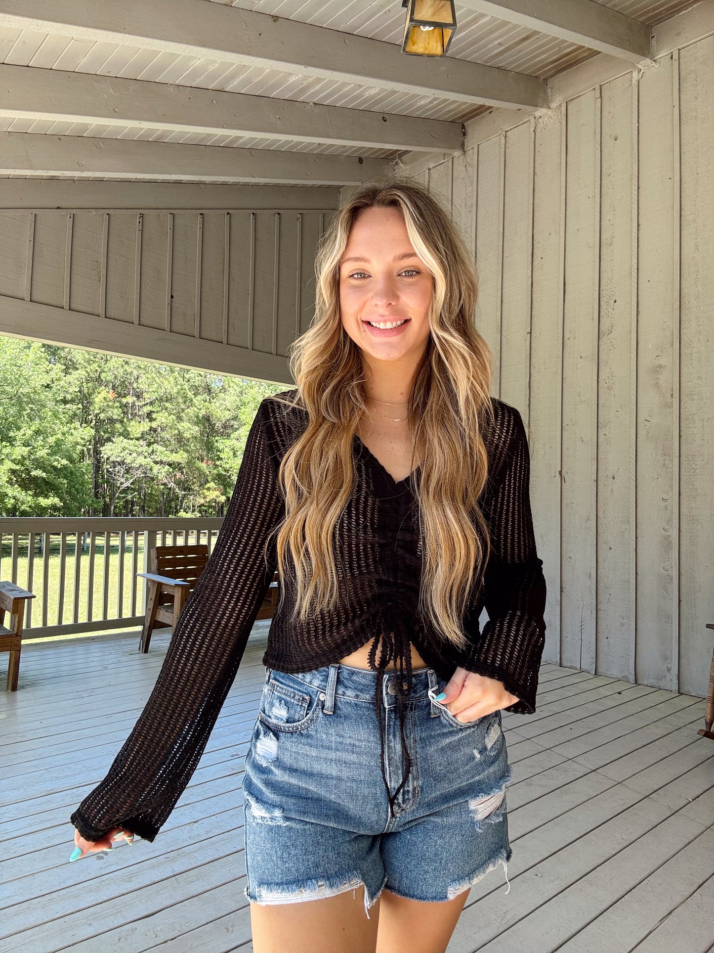Black Long Sleeve Crochet Top