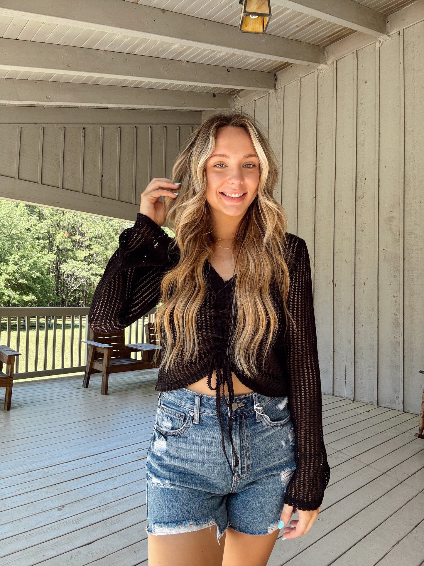 Black Long Sleeve Crochet Top