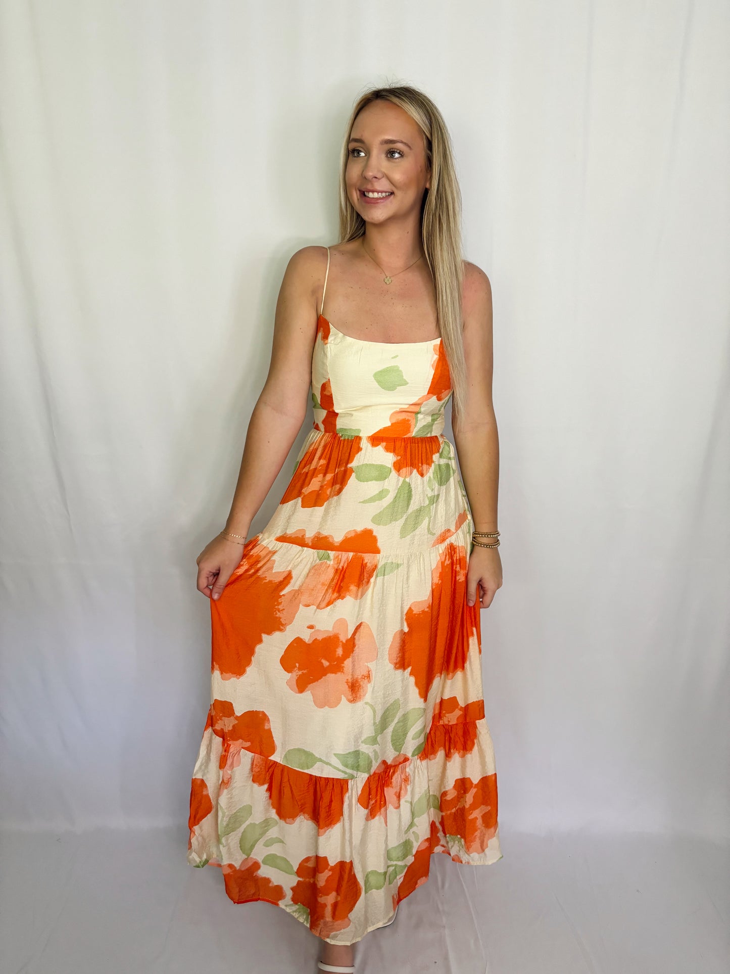Orange Floral Midi Dress