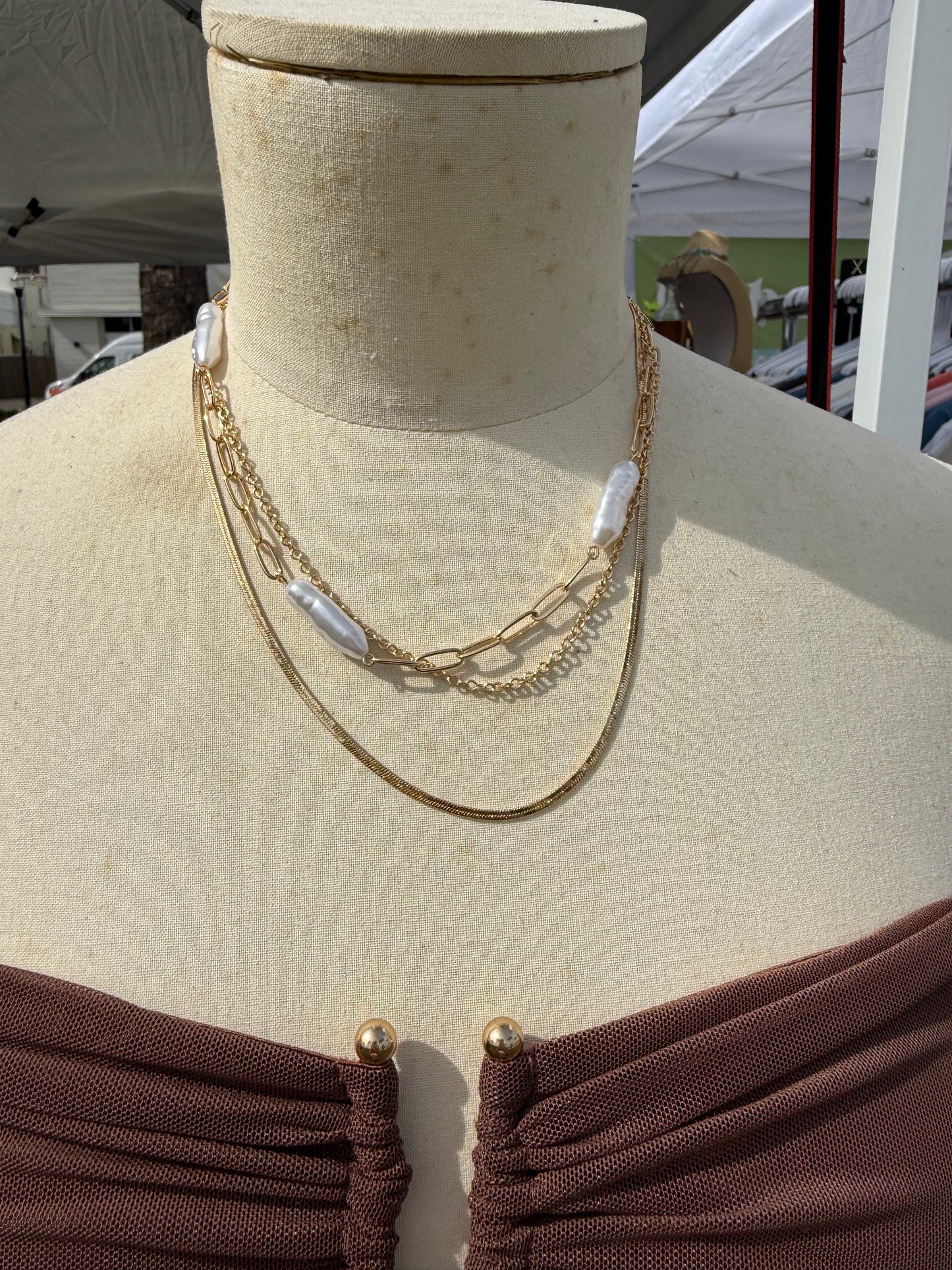 Gold Multi Chain with Oval Pearl 16"-18" Necklace