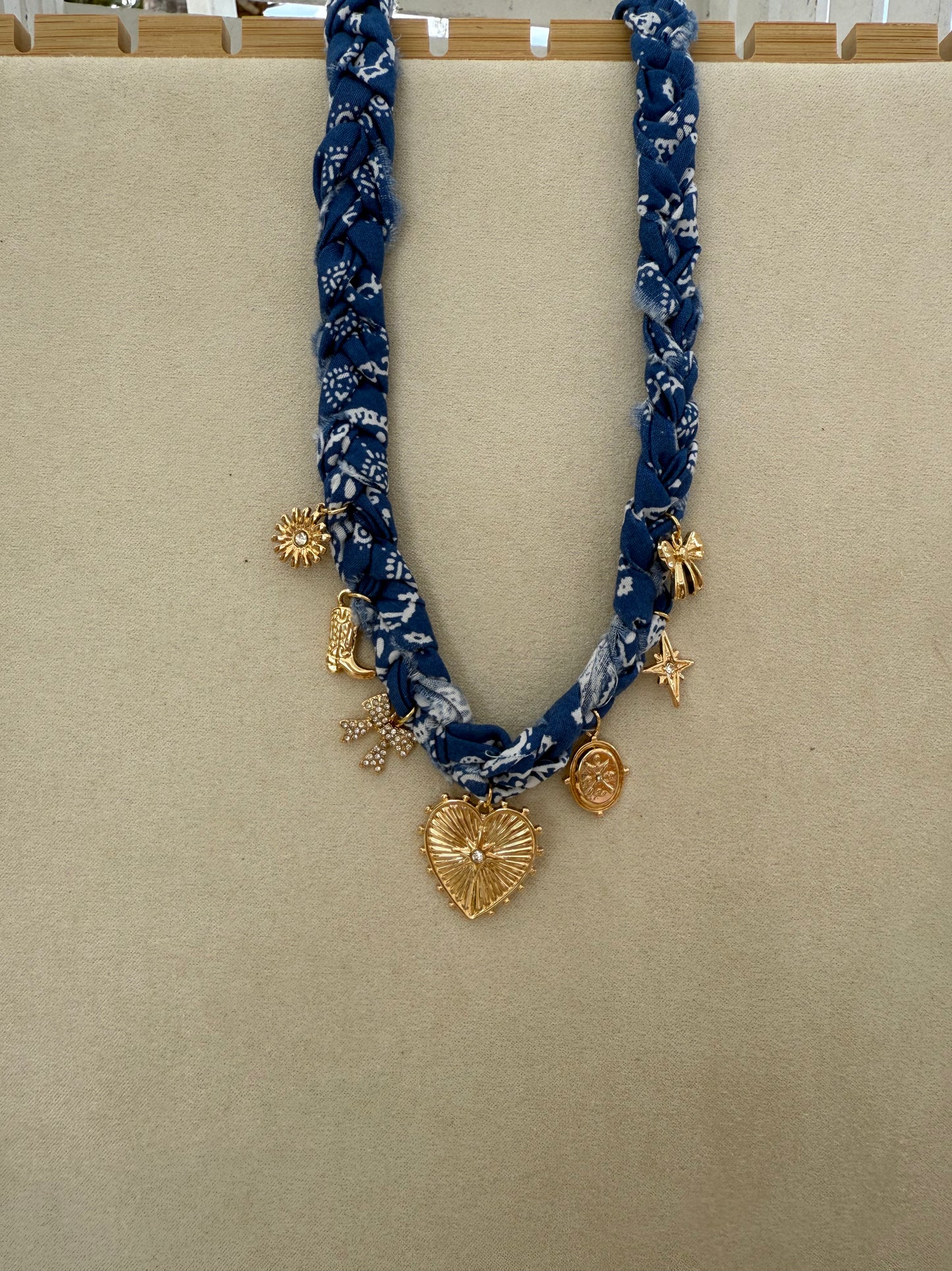 Blue Braided Scarf Necklace with Heart, Bow, and Boot Charms