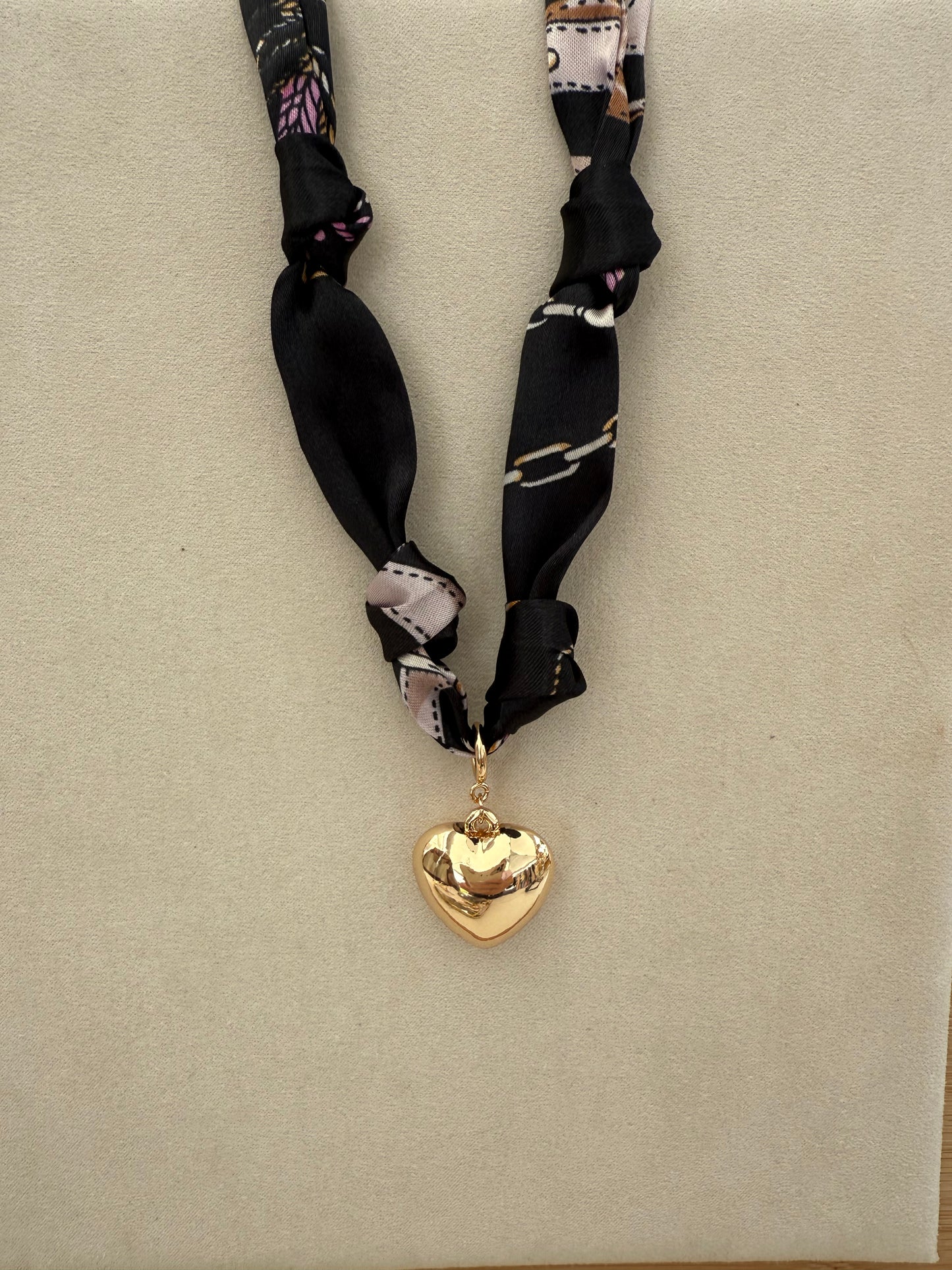 Black Knotted Scarf Necklace with Puffy Heart