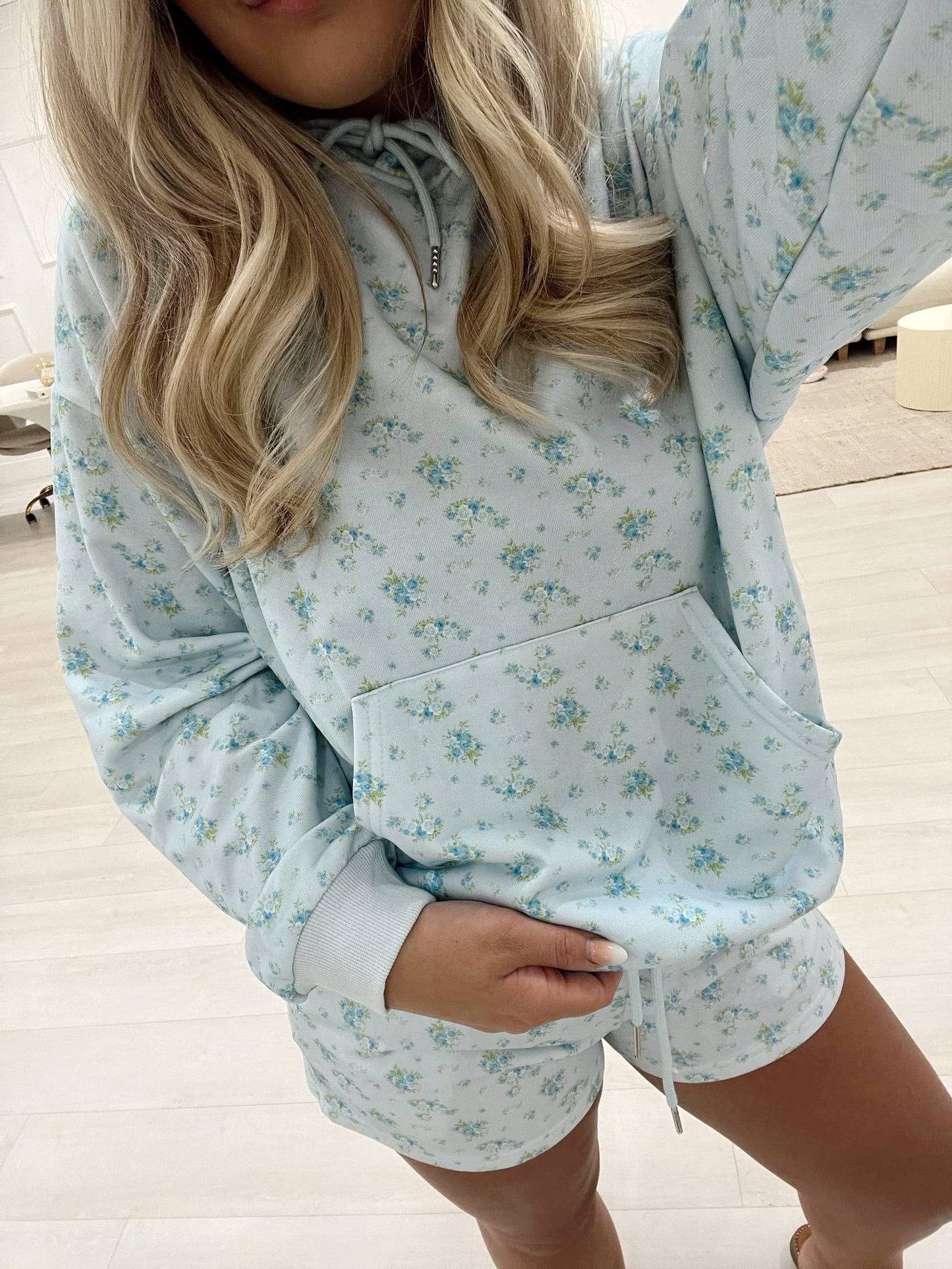 Baby Blue Floral Hoodie & Short Set