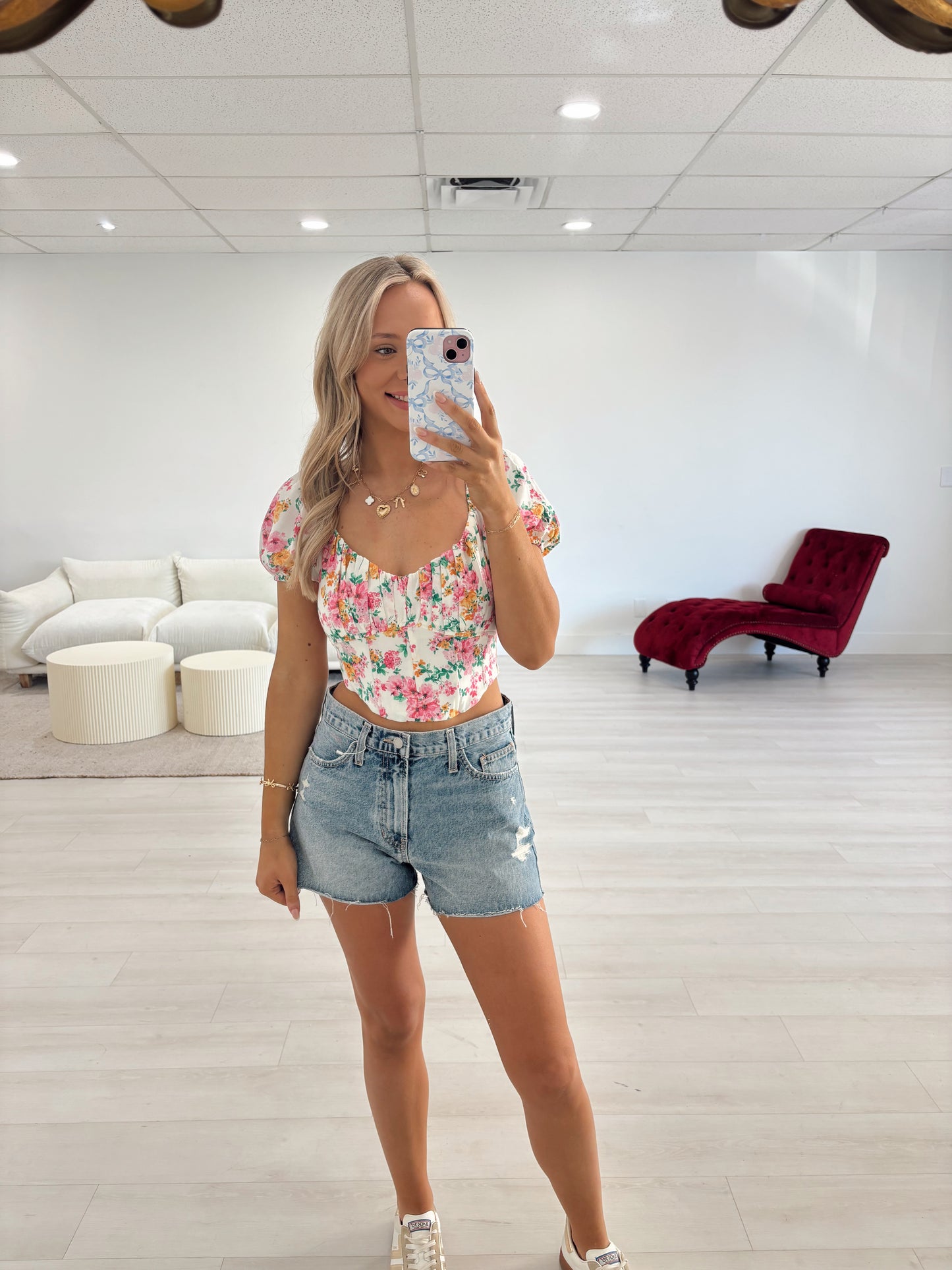 Pink Floral Corset Waist Crop Top