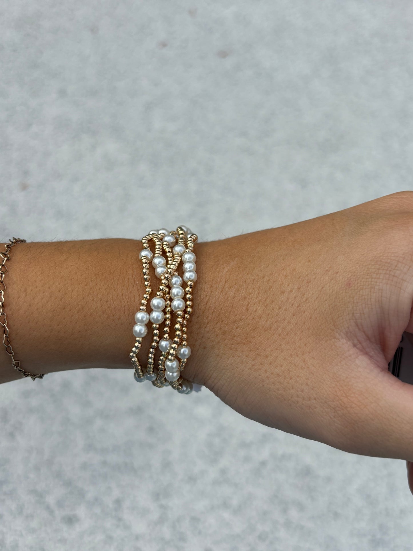 Gold Beaded & Pearl Set of 5 Stretch Bracelet