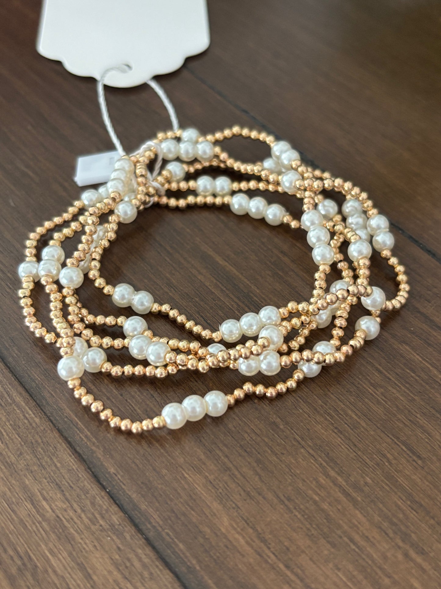 Gold Beaded & Pearl Set of 5 Stretch Bracelet