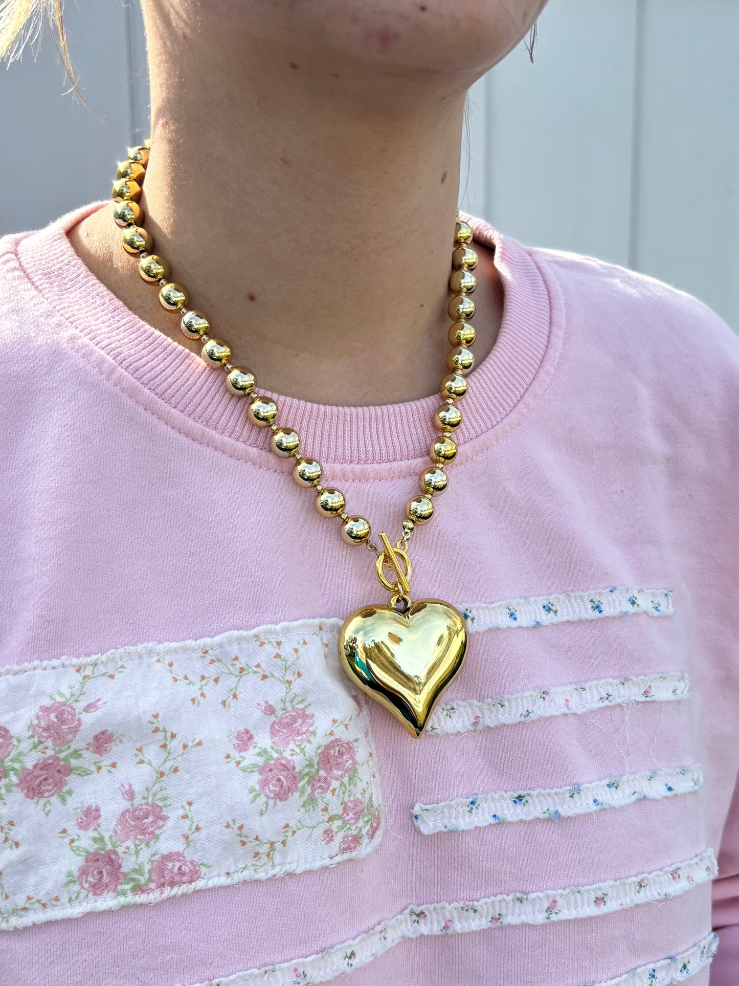 Gold 8mm Beaded with Large Heart Necklace