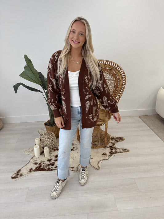 Chocolate Western Graphic Knit Cardigan