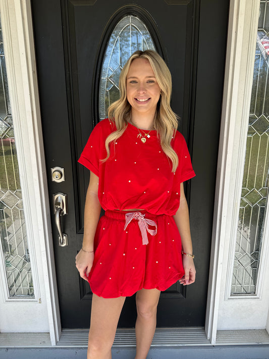 Red Pearl Skirt Set