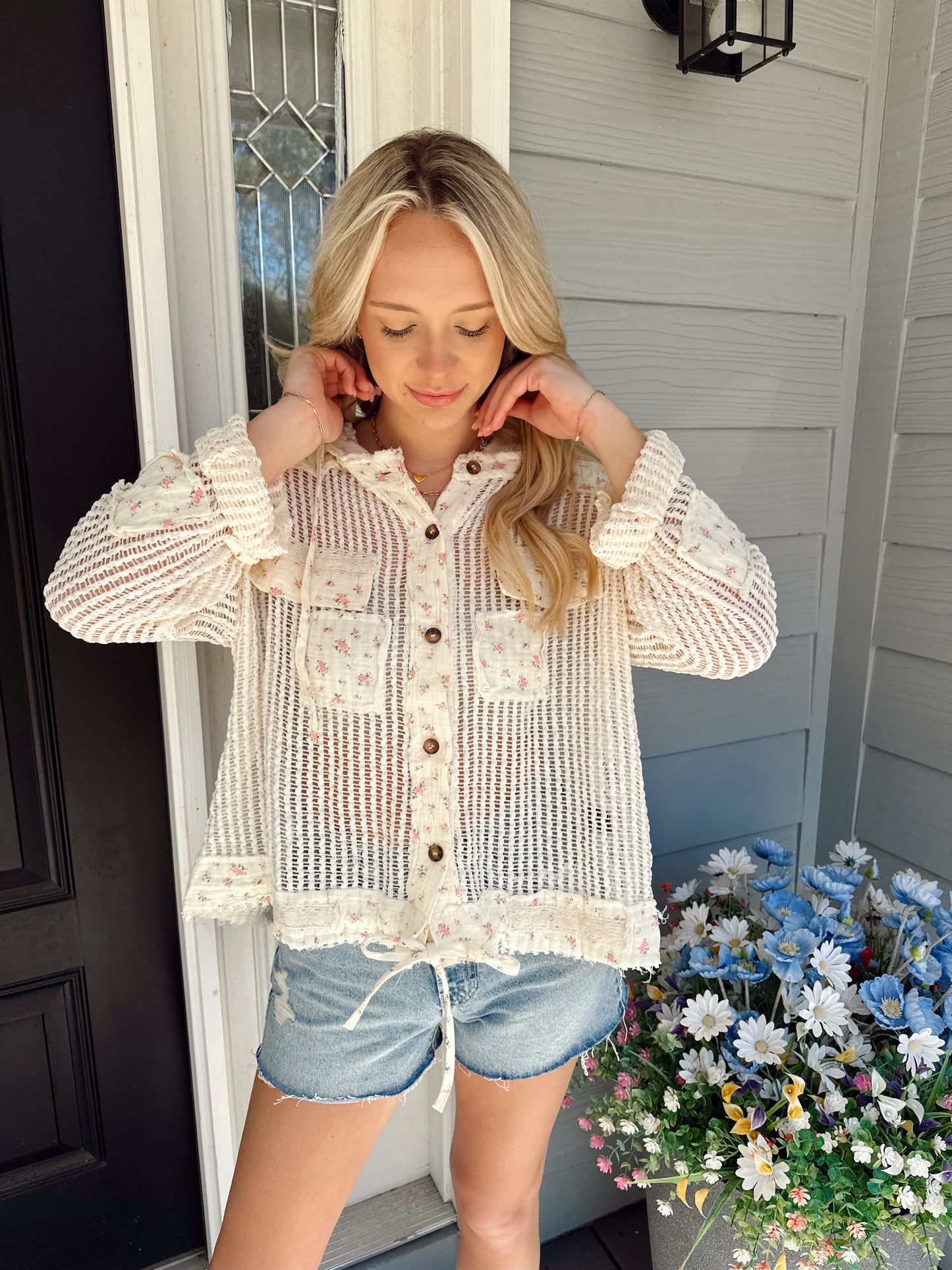 Cream Floral Crochet Knit Top
