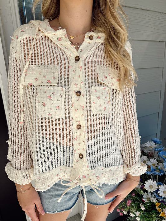 Cream Floral Crochet Knit Top