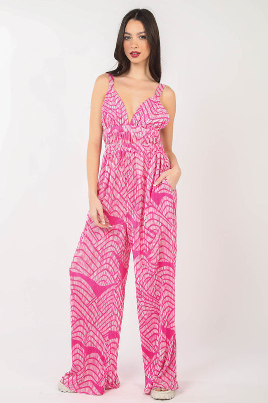 Plus Size Pink Printed Pleated Wide Leg Jumpsuit