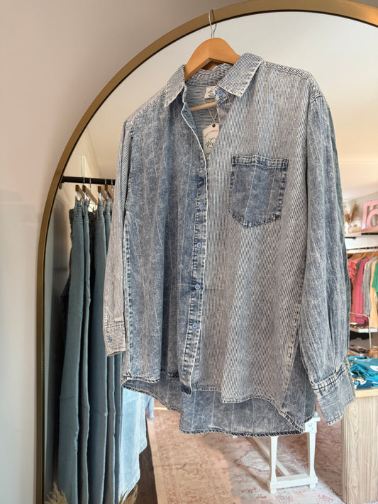 Mineral Washed Colorblock Striped Shirt Top