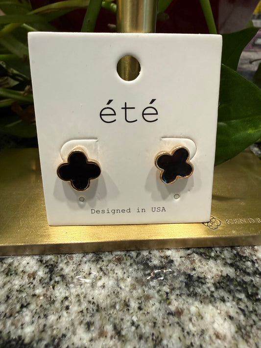 Black Enamel Clover Stud Earrings