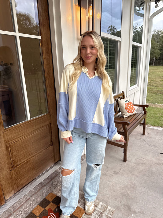 Cream/Blue Notched Neck Long Sleeve Top