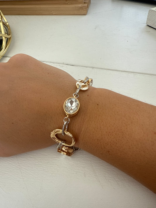 Gold & Silver Textured Open Circles with Clear Stone Bracelet