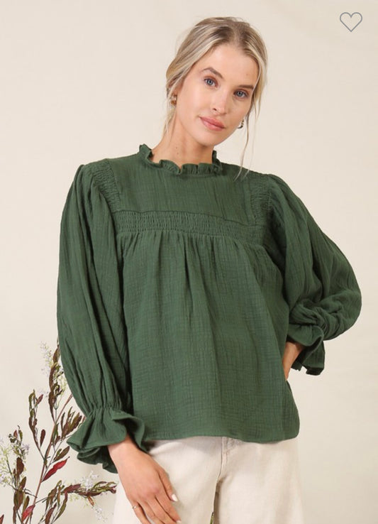 Green Ruffle & Smocked Top