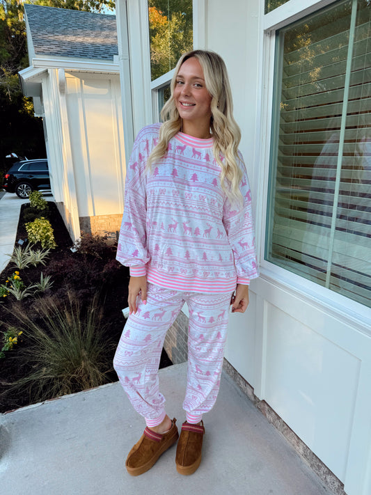 Pink Christmas Printed Loungewear Set